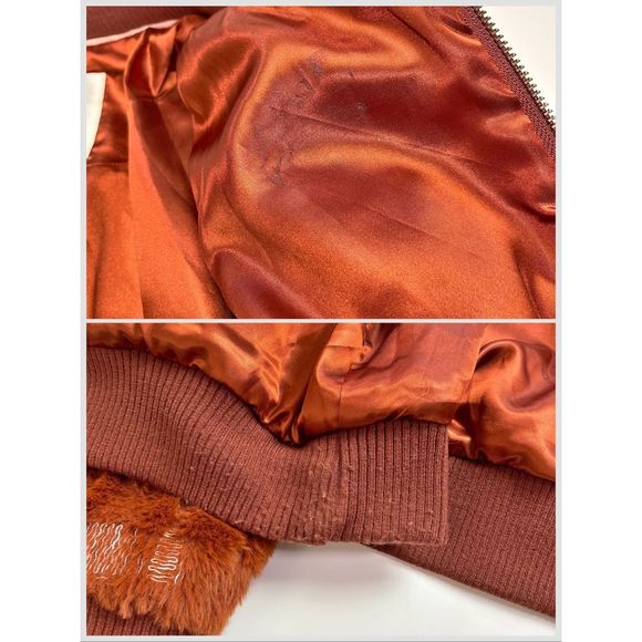 Anthropologie Teddy Bomber Jacket Pockets Lined Plaid Orange Red XS - Picture 7 of 8